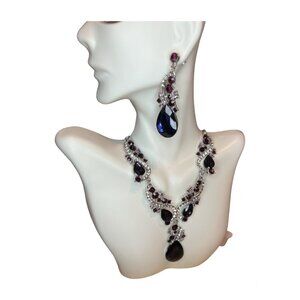 Necklace and Earring Set Wedding Anniversary Purple Silver Jewelry Rhinestone